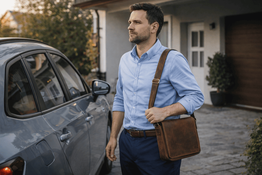 muž s taškou na pleci pri aute mk